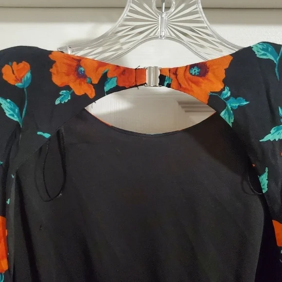 Zara Open Back Long Sleeve Ruched Mini Dress Black Orange Floral Print Size Med - Picture 7 of 15